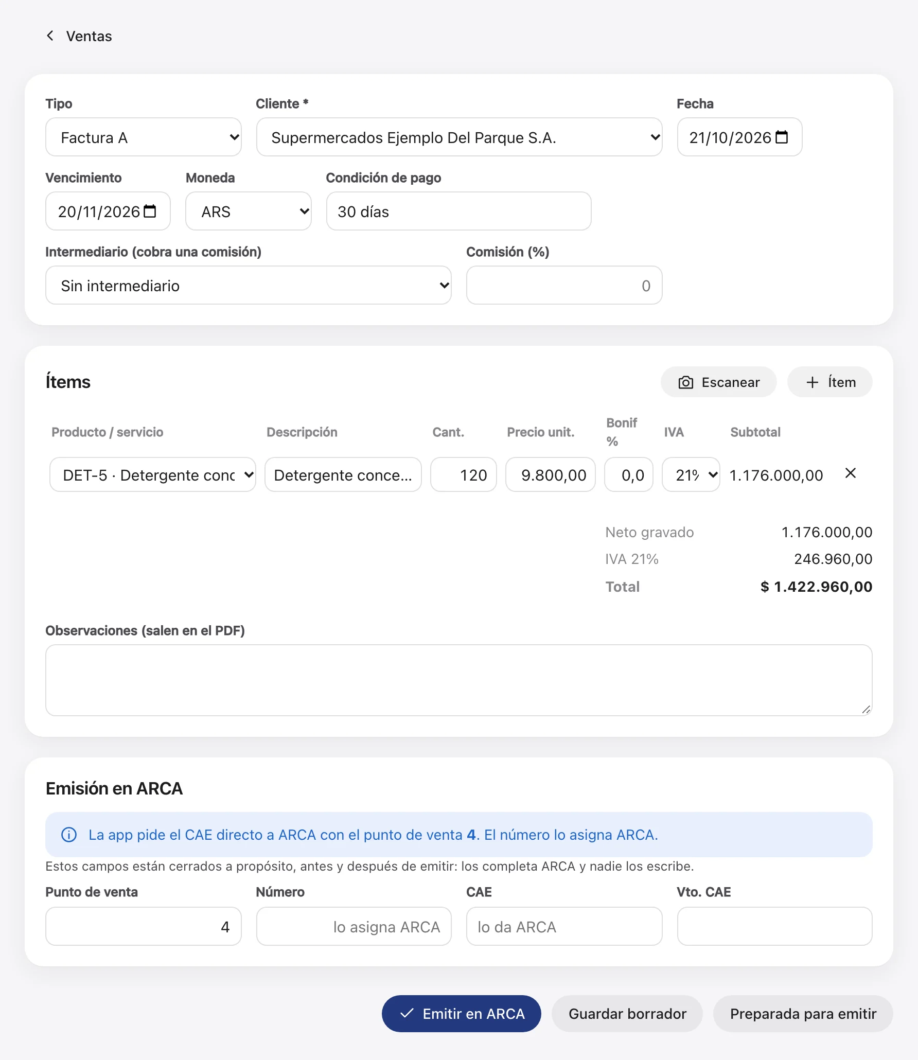 Una factura A lista para emitir en ARCA