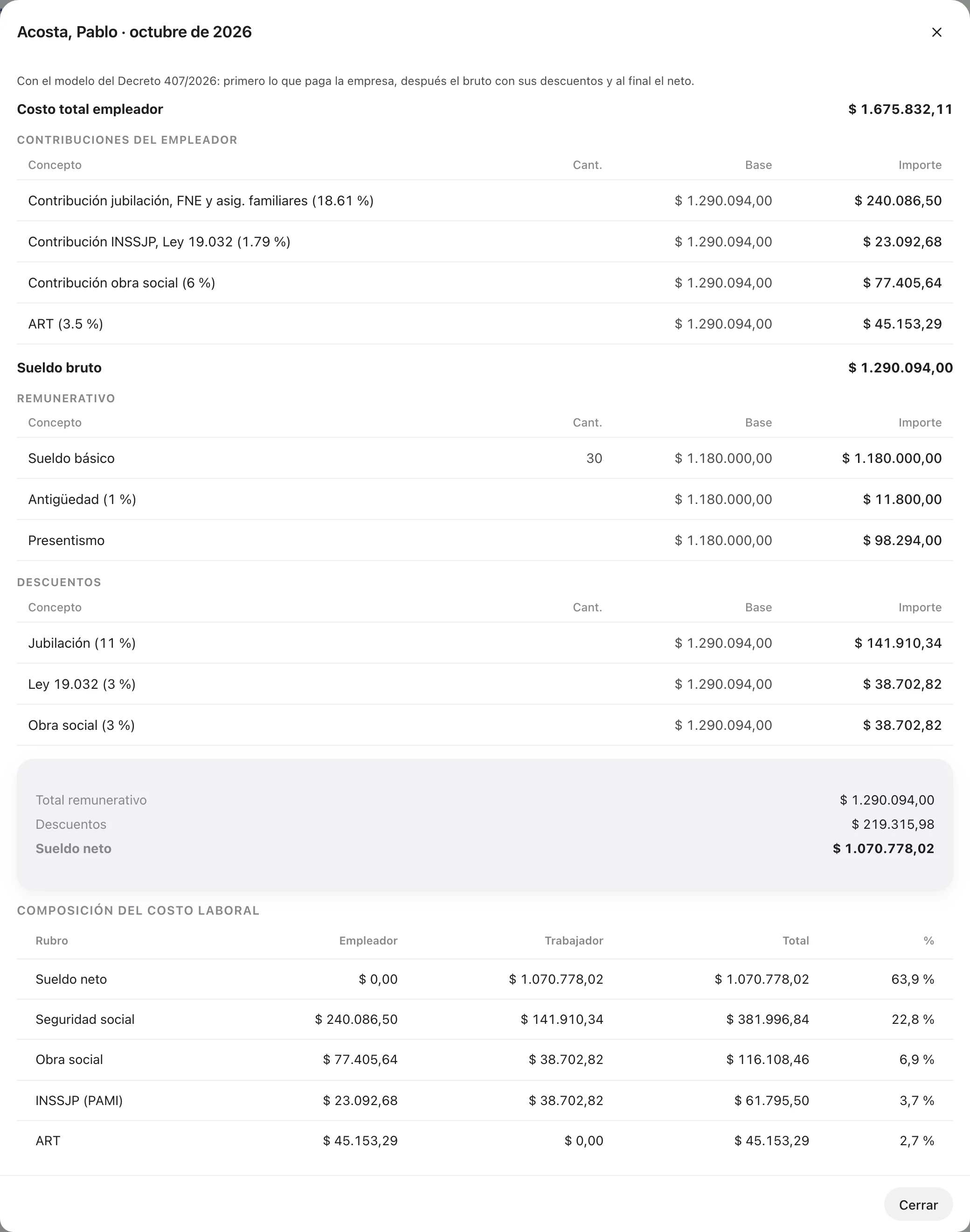 Un recibo de sueldo con el modelo del Decreto 407/2026